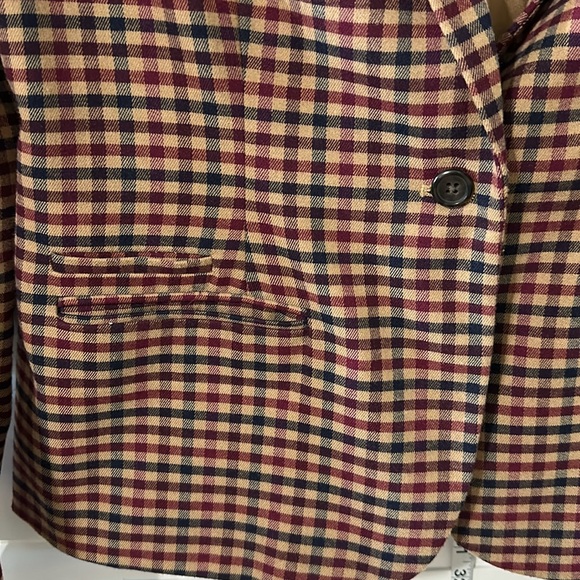 Merina Single Button Plaid Lined Blazer cranberry red,‎ navy & tan Size 12 - Picture 2 of 6